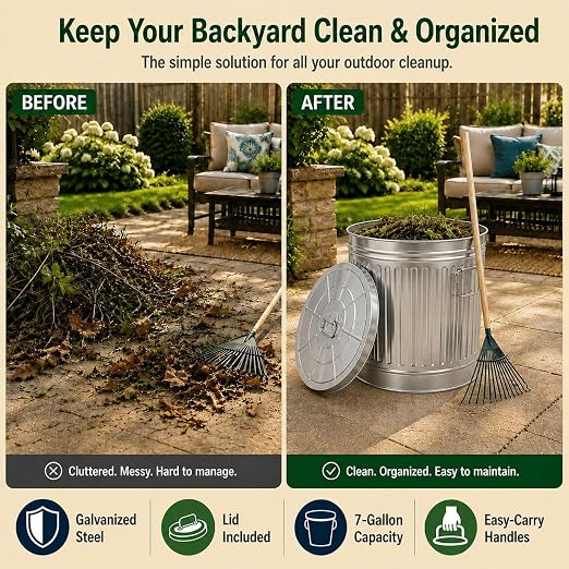 Gardenised Round Galvanized Steel, 7 Gallon Trash Can with Lid - Durable Metal Bucket for Backyard, Lawn, Garden and Yard Use - Weather-Resistant Garbage Can for Indoor and Outdoor, 13 inch