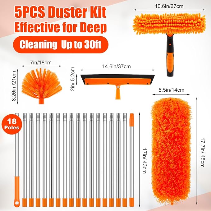 30 Feet High Reach Duster Kit with 2-24 ft Extension Pole High Ceiling Dusting and Window Cleaning Kit with Window Washer & Squeegee, Cobweb Duster, Washable Head for Ceiling Fan(Orange)