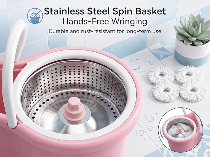Spin Mop and Bucket Floor Cleaning System with 4 Refills,Pink | Stainless Steel Basket, Hands-Free Wringing, 360° Rotating Head, Adjustable Handle, Machine Washable Refills