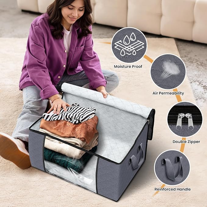 Fab totes 4 Pack Storage Bags for Clothes Blanket Storage Bins with Lids | Foldable Closet Organizers with Zippers,Window and Handles,Fabric Storage Bins for Sweater,Comforter,Bedding,Dorm essentials