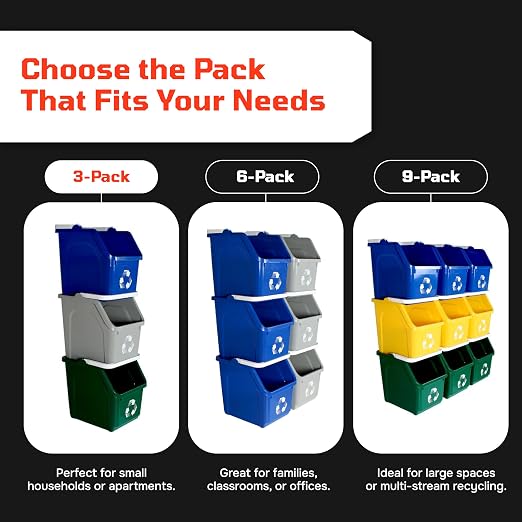 Yellow Recycle Bin 6 Gallon Stackable Recycle Bins for Kitchen with Handle | Kitchen recycling bin with stackable space-saving design maximizes recycling capacity in kitchens, offices, garages & homes