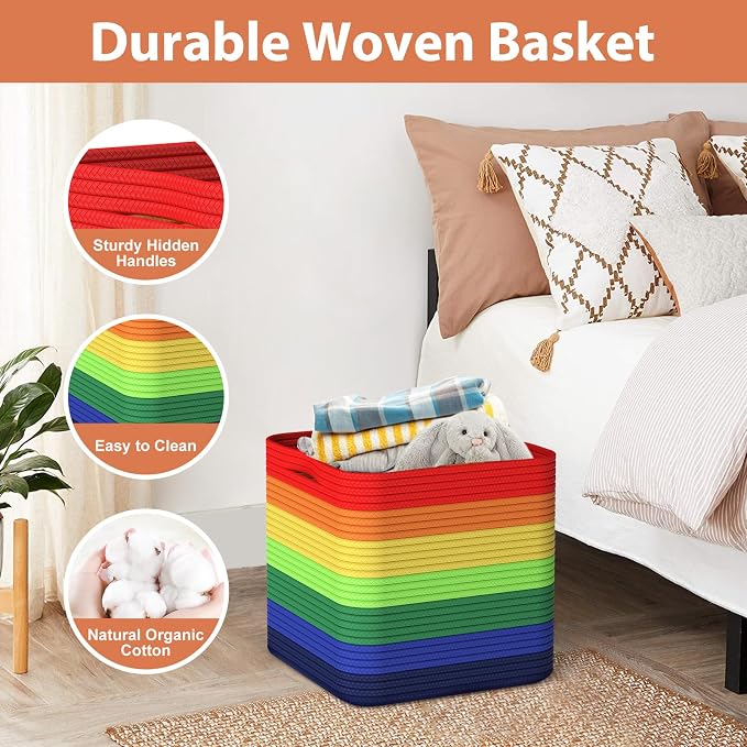 Storage Cotton Cubes 11 Inch, Woven Cotton Rope Storage Baskets for Toys Blanket Organizing, Storage Bins Decorative Organizer with Handles for Living Room Laundry Room Closet (3 Pack, Rainbow)