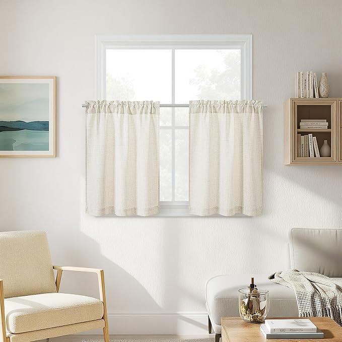 Natural Linen Cafe Short Curtains 30 Inch Length 2 Panels Semi Sheer | 2 Panels, Light Filtering Privacy, Small Curtain, for Kitchen Bathroom Basement, Rod Pocket, Boho, Cream Drapes, W34xL30