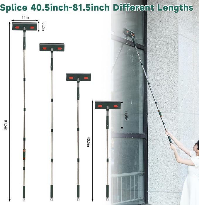 Window Squeegee Cleaner Tool with Extension Pole (81.5inch), 2-in-1 Squeegee for Window Cleaning Kit with Scrubber, Add Extra Pole Attachment Bendable Microfiber Feather Duster