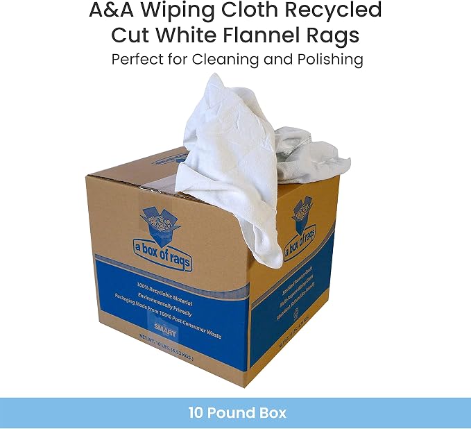 A&A Wiping Cloth Recycled Cut White Flannel Cleaning Rags, 10 Pound Box | Strong & Reusable All-Purpose Towels Perfect for Cleaning and Polishing, Staining, Maintenance, Heavy Spills