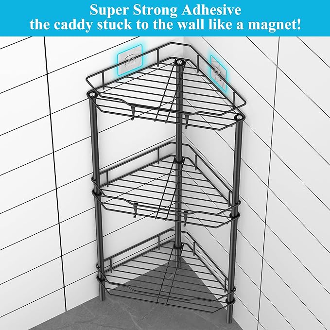 HuggieGems Metal Floor Standing Corner Shower Caddy, Matt Black, 3 Tier | Adhesive Bathroom Organizer Shelves, Free Standing Shower Rack with Hooks, Hold Large Shampoo Bottles