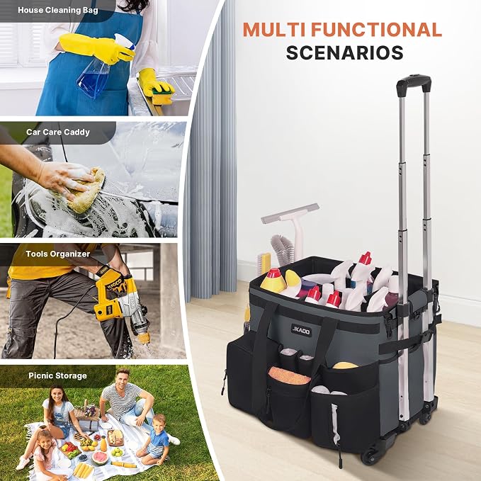 JKAOO Large Rolling Cleaning Caddy Bag with Detachable Trolley, Gray | Waterproof Cleaning Caddy with Wheels, 40L Wheeled Organizer Cart for Supplies, Housekeepers, Home, Office, Car, Picnic