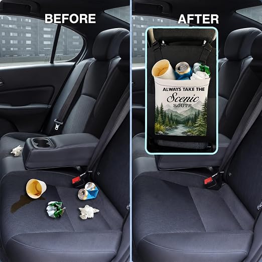 Nature Landscape Scenic Car Trash Bag Hanging for Back Seat | Camping Camper Hiking Gifts Canvas Drawstring Car Garbage Bag with Adjustable Buckle Vehicle Trash Can