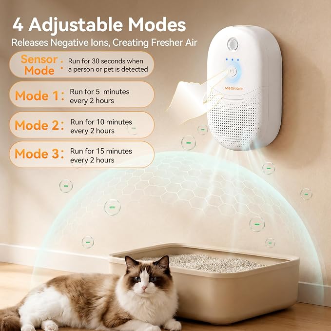 Meowant Cat Litter Odor Deodorizer,Sensor Monitor Negative Ion Air Purifier | 4 Auto Modes Pet Odor Eliminator, Rechargeable Wireless Quiet Odor Remover with Odor Deodorant Gel for Multi-Pet Home 2PCS