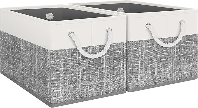 Storage Bins 2-Pack, Foldable Storage Baskets for Organizing Toys, Books, Shelves, Closet, Large Storage Box with Rope Handles, Sturdy Organizer Bins, White & Grey