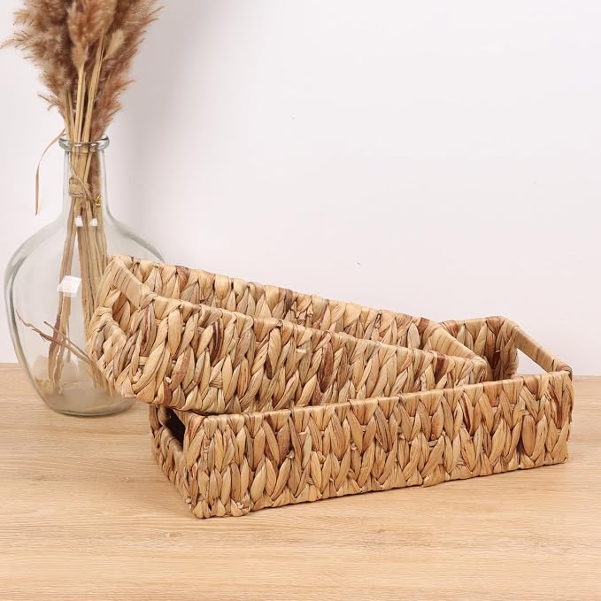 Moosky Wicker Storage Baskets with Handle Water Hyacinth Basket for Organizing Decorative Storage Bins for Countertop Toilet Tank Boho Rectangular Home Organizer (Natural, 15.9" x 6.8" x 4.1")