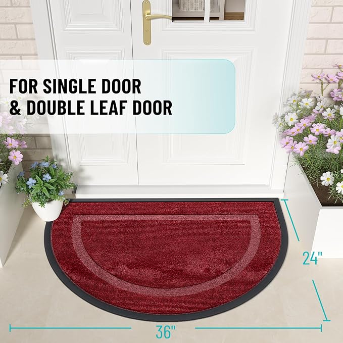 OLANLY Half Circle Front Door Mat Outside 35x23 All-Season Rubber Doormat | Wine Red, Absorbent, Heavy-Duty, Stain Fade Resistant, Waterproof Non-Slip Backing, Low-Profile Indoor Outdoor Entryway Mat
