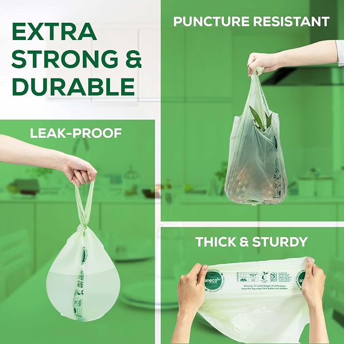 ANECO Compostable Food Waste Bags 3 Gallon With Handles (30 Count) | Extra Strong Compost Bags for Kitchen Countertop Bin - BPI & OK Compost HOME Certified Small Garbage Bags With Handles