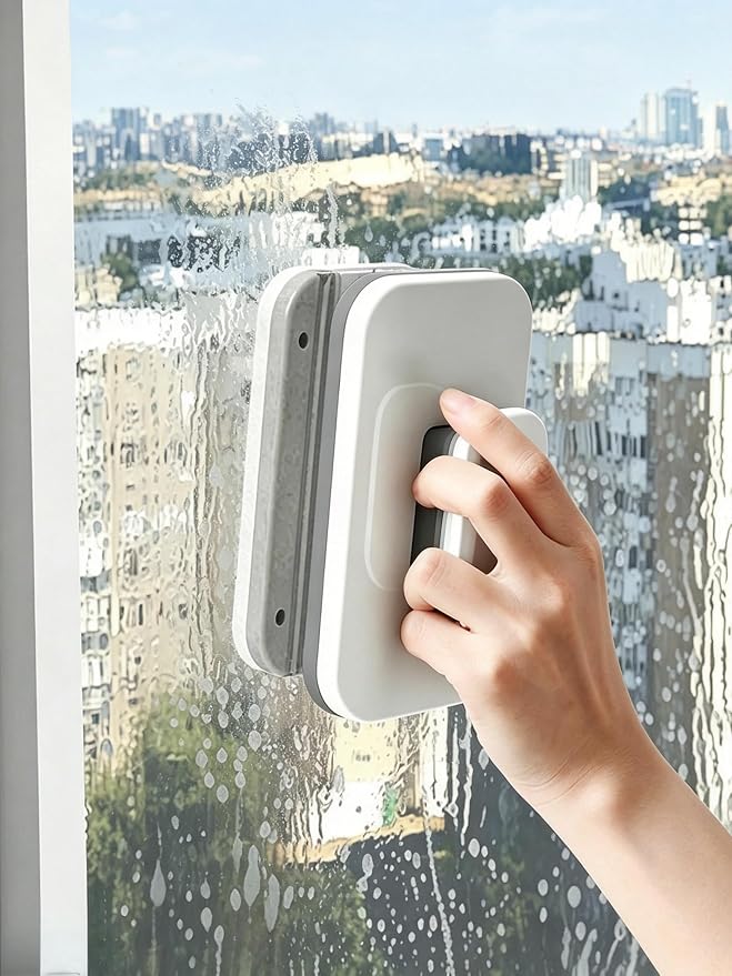 Magnetic Window Cleaner - Double Sided Magnetic Window Washer with Large Grip & Safety Rope - Strong Magnet Glass Cleaner for 3-10mm Windows - Household Cleaning Tool