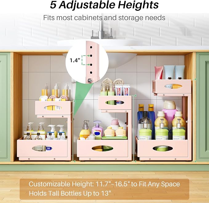 Under Sink Organizer, 2-Pack Pull Out Cabinet Organizer 2 Tier Metal Slide Out Storage Shelf Rack, L-Shaped Adjustable Height,Mesh Sliding Drawer for Kitchen, Bathroom, Laundry, Pantry, Pink, XL