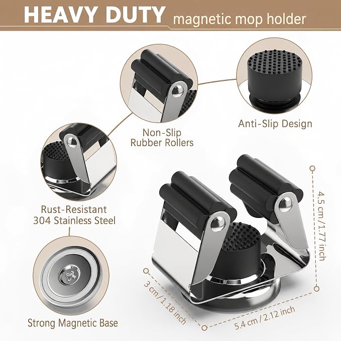 3-H 2 Pack Magnetic Broom Holder with 2 Pack Mini Magnetic Hooks,Silver | Stainless Steel No Drill Mop Holder, Movable Magnet Tool Organizer for Garage Laundry Kitchen Garden RV