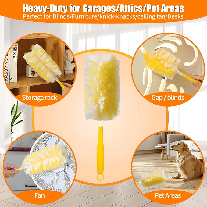 60 Count 360° Heavy Duty Duster Refills Compatible with Swiffer, Large Size-Extra Thick Disposable Electrostatic Feather Duster Refill with 1 Short Handle for Furniture, Blinds, Ceiling Fans