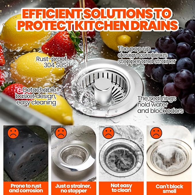 Kitchen Sink Drain Strainer & Sink Stopper, Upgraded 3 in 1 Stainless Steel Drain Plug Combo with Anti-Clog Basket, Pop Up Drain Cover for Standard 3-1/2'', Fits Double Bowl Kitchen Sinks | Kitchen Sink Accessories Strainer Basket 2 Pack Stainless Stee...