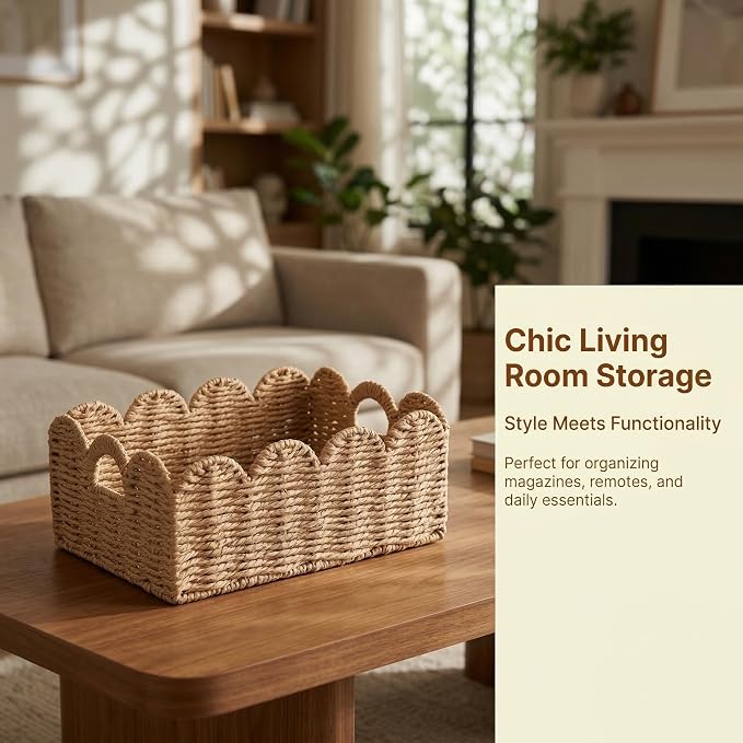 Scalloped Wicker Baskets Set of 3, Hand-Woven Storage with Handles | set of 3 tan scalloped baskets with handles. Hand-woven paper rope for shelves, bathroom or closet. Stackable, sturdy.