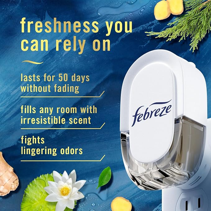 Febreze Plug In Air Freshener, Odor-Fighting Scented Oil Refill, Air Fresheners for Home and Bathroom and Kitchen, Long Lasting for Strong Odors, Ocean & Mountain Scents, 0.87oz Refills, 4 Count