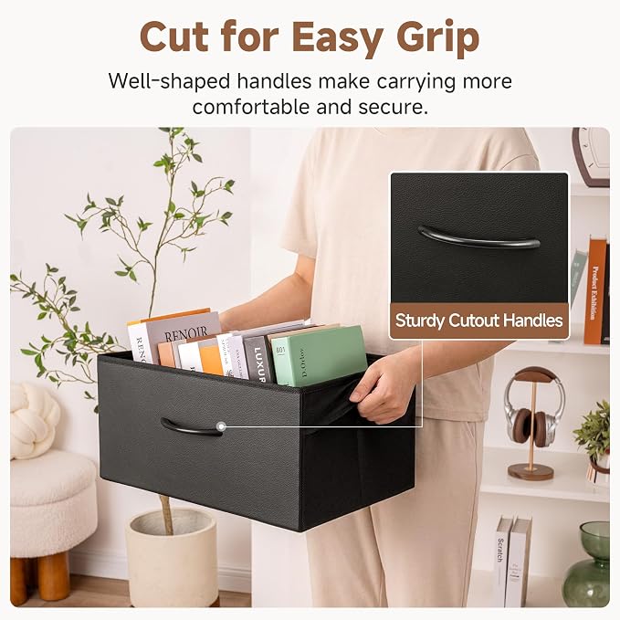 StorageWorks Black Storage Bins, Leather Storage Baskets, Large, 4-Pack | Reinforced Handles, Faux Leather Front, Non-woven Fabric, Collapsible, Space-Saving, Closet Organizers and Storage Bins