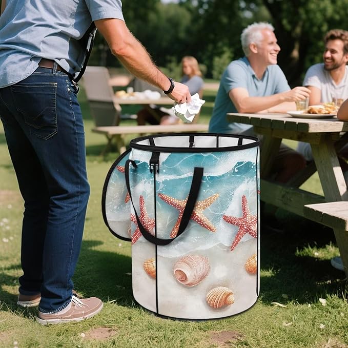 Foldable Trash Bag with Lid and Handles 24 Gallon Large Capacity Collapsible Garden Leaf Bin Reusable Waster Bags for Camping Outdoor Picnics Beach Starfish Print