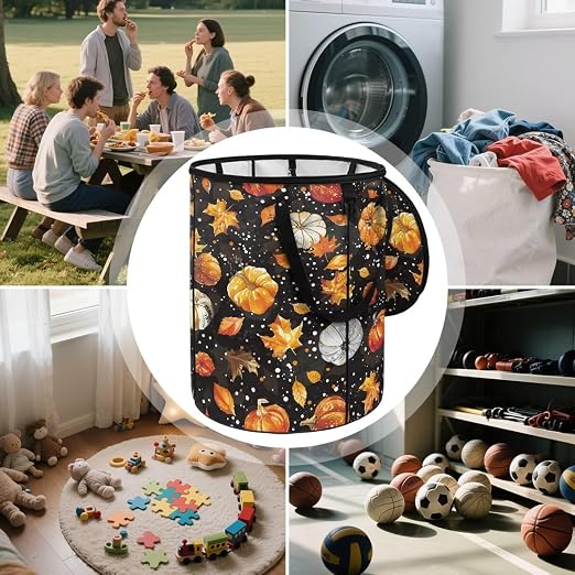 doginthehole Fall Maple Leaves Pumpkin Collapsible Trash Can Portable Tall Trash Can Recycling Bin 22.83x17.71 Outside Garbage Bin Storage Bag with Clip and Zipper Lid, Fall Decorations for Outdoor