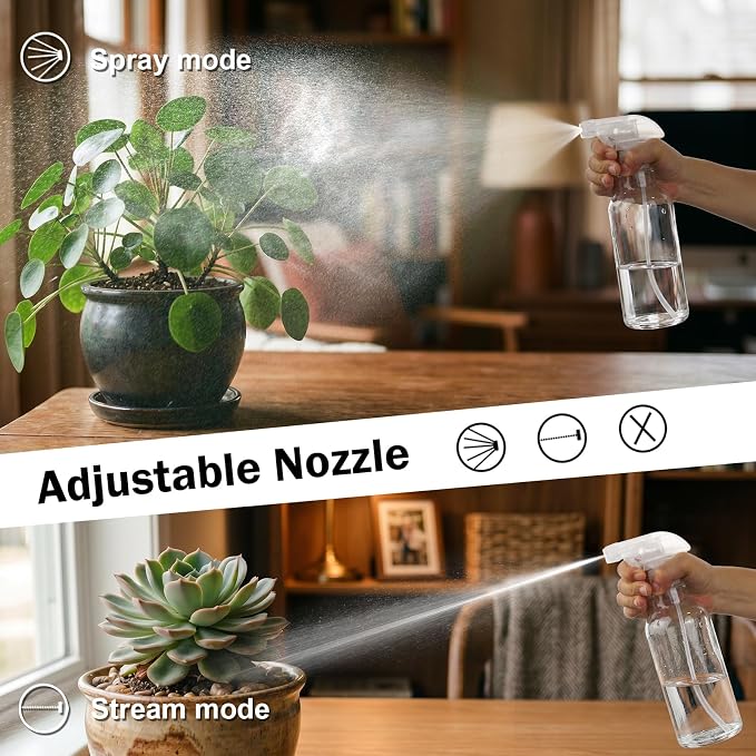 10oz Glass Spray Bottles 2 Pack, 360 Any-Angle Spraying | Refillable Spray Bottles with Adjustable Nozzle, Leakproof for Cleaning, Essential Oils, Plants, Hair Care