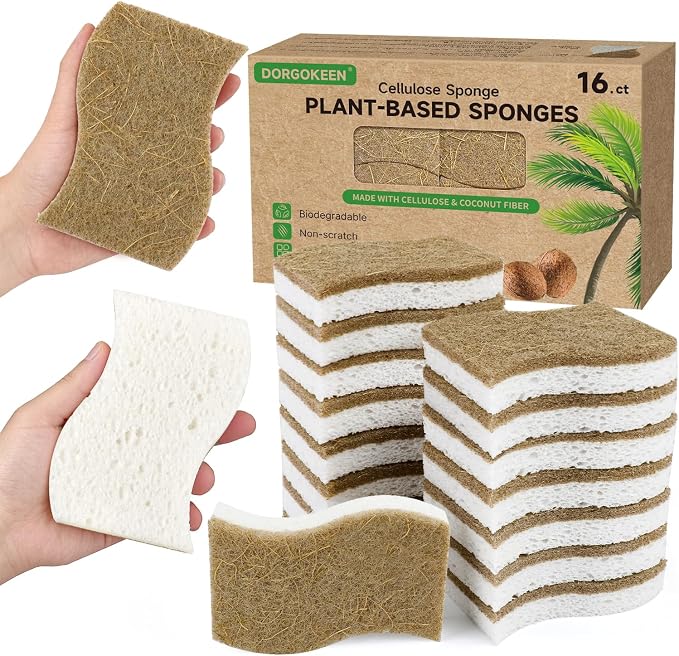 16 Pack Biodegradable Kitchen Dish Sponges, Natural Plant-Based Coconut Fiber and Compostable Cellulose Sponge, Non-Scratch Heavy Duty Sponges for Non-Stick Cookware, Kitchen Household Cleaning