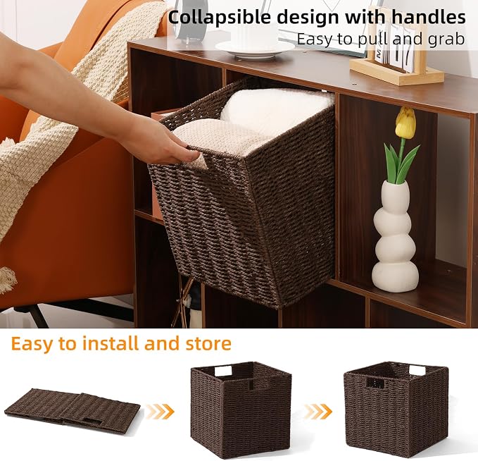 12x12x12 Inch Wicker Storage Basket, Set of 2 Hand-Woven Paper Rope Wicker Baskets, Foldable Cube Storage Bins, Brown Storage baskets Cubes, Square Baskets for Organizing Shelves Decor