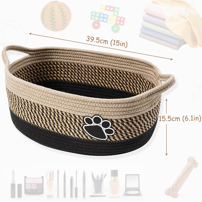 Small Woven Baskets for Organizing Rope Storage Basket with Handle Cute Cotton Nursery Gift Dog Toy Bins Organizer-Light Beige