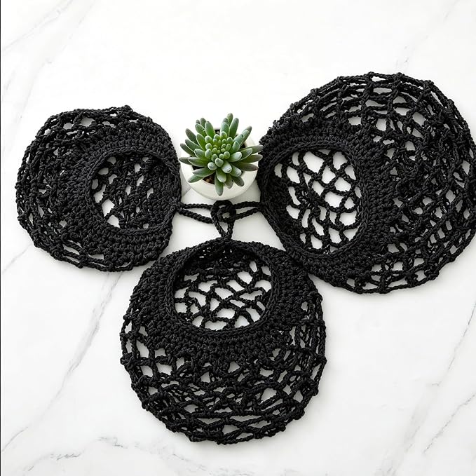 3 Hanging Baskets,Black,Crochet,Cotton Rope | Wicker Wall Baskets with Hooks for Fruit Vegetable Onion Storage, Teardrop Organizer for Kitchen, Boho Farmhouse Decor