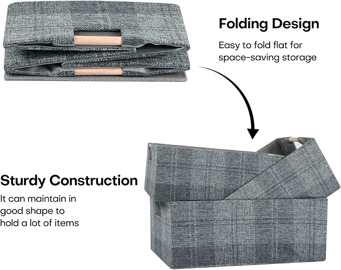 Fabric Storage Box, 15x11in Foldable Cotton Linen Basket with Wooden Handle | Medium Rectangular Cube Decorative Home Laundry Organizer Clothes Blanket Container Organizing Clothes Sheet, Dark Gray Plaid