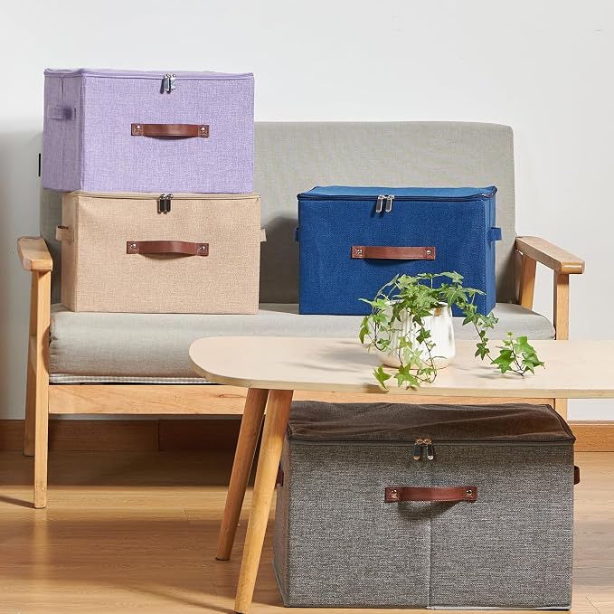 Storage Bins with Zipper Lids Decorative Lidded Baskets Boxes | Clothes Container, Closet Shelf Organizer, Foldable Washable, Cotton Linen Fabric, w/ PU Leather Handles, Purple, Small