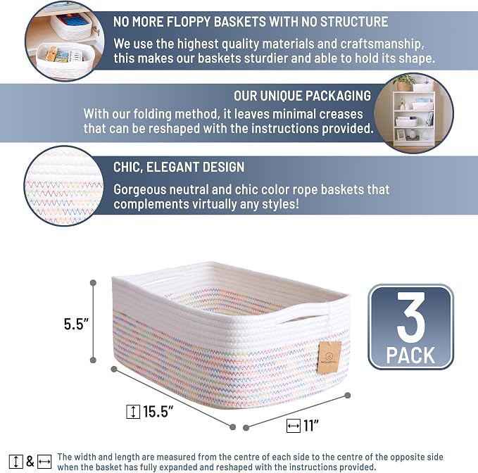 Woven Rope Baskets for Organizing, 3 Pack, 15.5 x 11 x 5.5" Storage Bins | Storage baskets and organizer bins for shelves, pantry, closet storage, toy organizer, bathroom storage, nursery, towels
