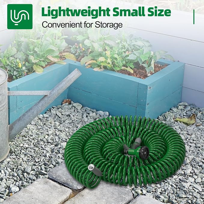 SPECILITE 3/8" Lightweight Coil Garden Hose 100 FT, EVA Flexible Water Hose | Curly Pipe with 6-Pattern Spray Nozzle for Outdoor, Boat, Greenhouse, Yard, Patio, Green
