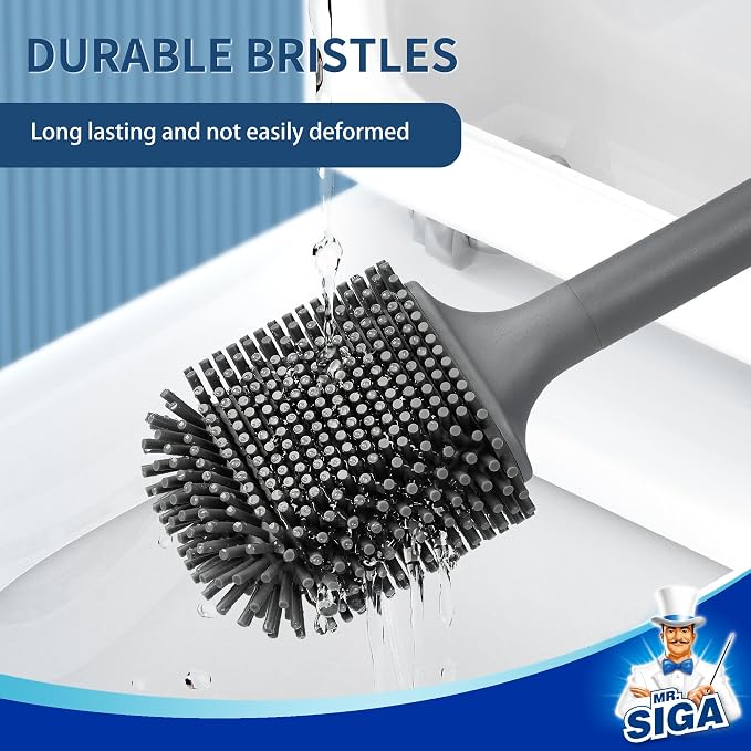 MR.SIGA Toilet Brush and Holder Wall Mounted, Gray, 1 Pack | Compact space saving toilet cleaner brush, scratch free thermoplastic rubber head, easy to clean and dry quickly
