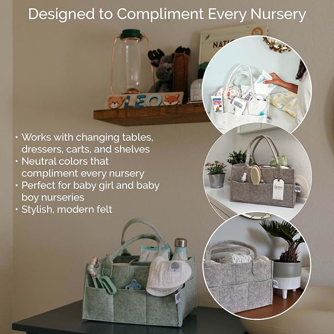 Parker Baby Co. Felt Diaper Caddy Organizer - Large, Sage | Portable nursery storage bin for diapers, wipes, bottles & baby essentials in home/car. Soft felt, foldable design 16x10x7"