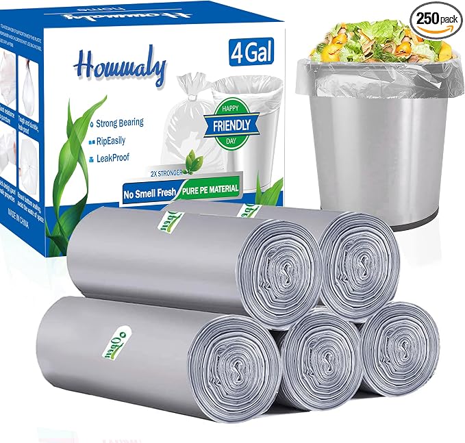 4 gallon Grey trash can liners,Small Garbage Bags 250,Extra Strong 3,4,5 Gal Trash Bag,Fit 10-12-15 liters trash Bin Liners for Home Office Kitchen （Grey 250）