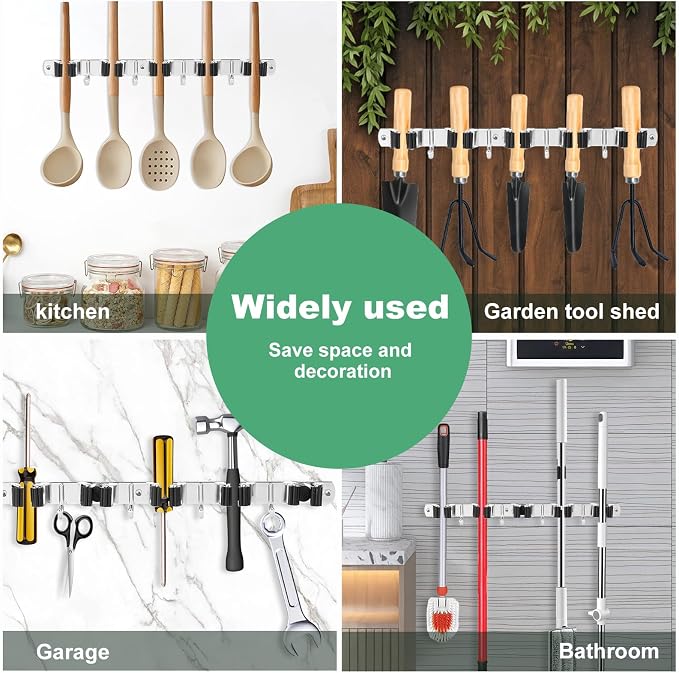 5 Pack Broom Holder Wall Mount, 5 Racks 4 Hooks, Stainless Steel | Anti Slip Storage Rack, Strong Load Bearing, Waterproof, Mop Organizer, For Bathroom Kitchen Garage