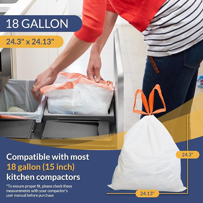 Reli. 18 Gallon Compactor Bags for Kitchen | 60 Pack, Heavy Duty Trash Bags | Leak-proof, Tear-Resistant | Fits Kitchen Aid Whirlpool GE, No-slip drawstring, 24 x 24", White