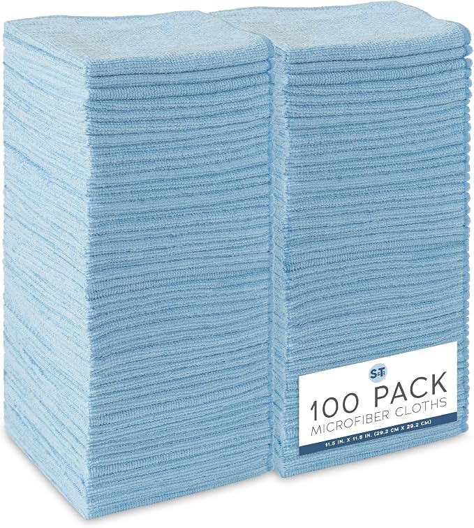 S&T INC. Microfiber Cleaning Cloth, 100 Pack, 11.5" x 11.5", Light Blue | Bulk Cleaning Cloth for Home and Car, Reusable and Multi-Purpose Cleaning Rags for Business, Machine Washable