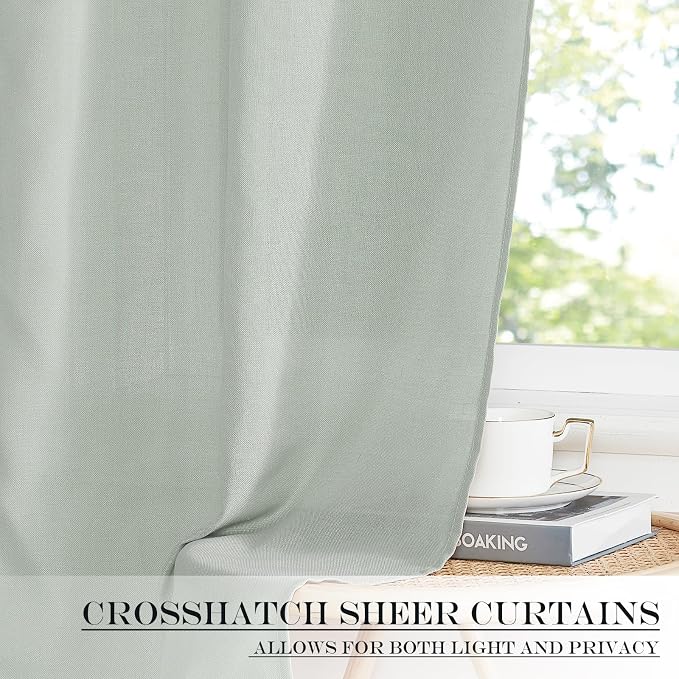NICETOWN Sage Green Linen Door Curtain 50 inches Long for Half Window | Light Filtering, Rod Pocket with Tieback, Farmhouse French Door Shade for Front Back Window Cover, 1 Panel, Off White