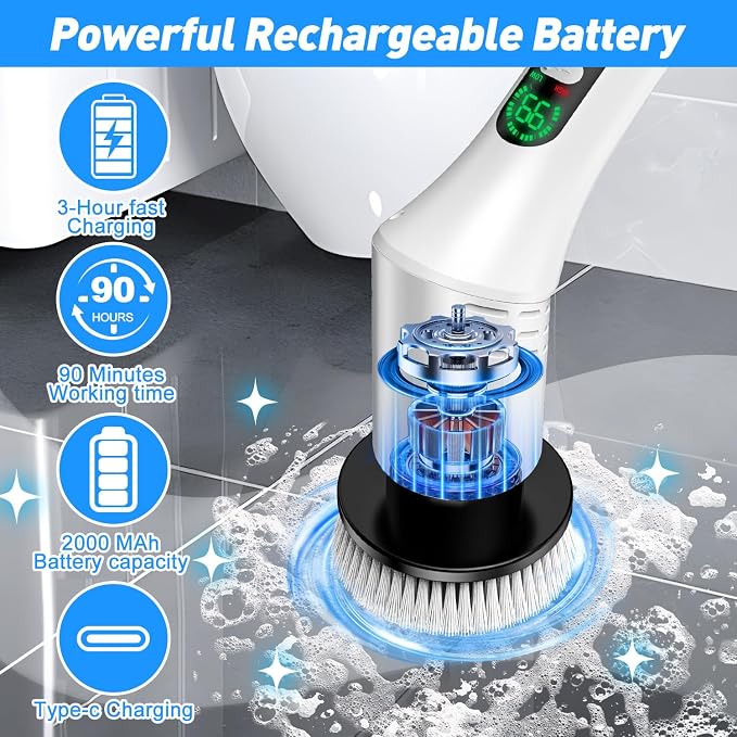 Electric Spin Scrubber for Bathroom Shower Scrubber with Long Handle | Dual Speed Cordless Power Cleaning Scrub, 9 Brush Heads, IPX7 Waterproof LCD Display Cleaner Tools for Tub Tile Grout Wall