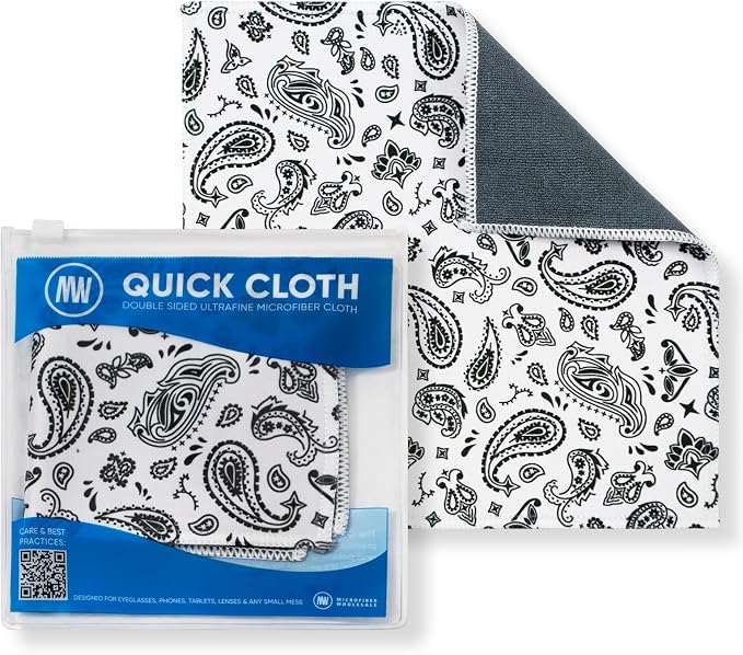 Microfiber Wholesale Quick Cloth Glasses Cleaning Cloths 8x8 Paisley White | 1-Pack with Case | Double-Sided Lens Cleaner Eyeglasses, Camera, Screens & Glass | Reusable Microfiber Glass Polishing Cloths
