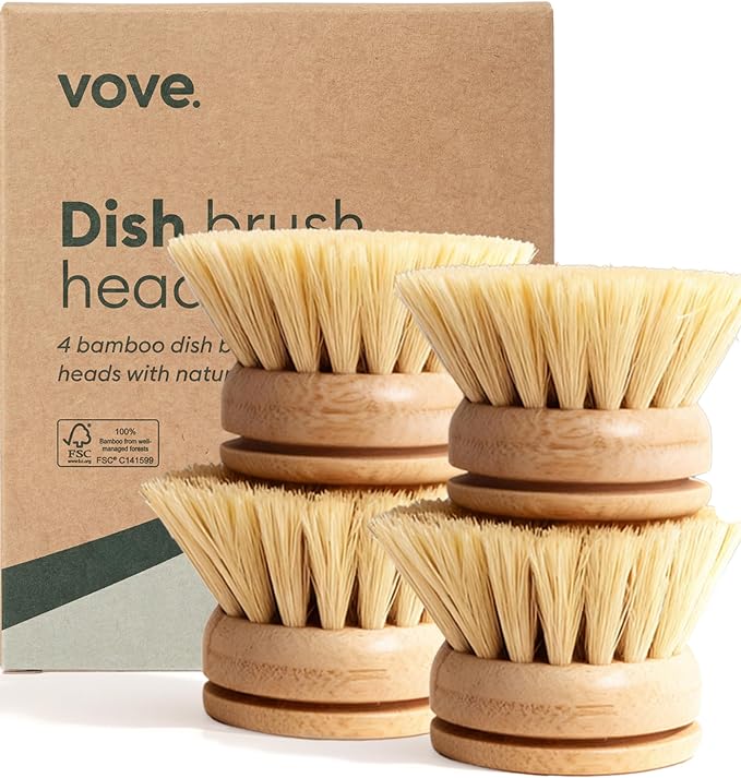 Bamboo Dish Brush Replacement Heads 4-Pack, Refill Heads with Natural Fiber Bristles for Long-Lasting Use, FSC-Certified Bamboo, Plastic-Free Zero-Waste Kitchen Refill