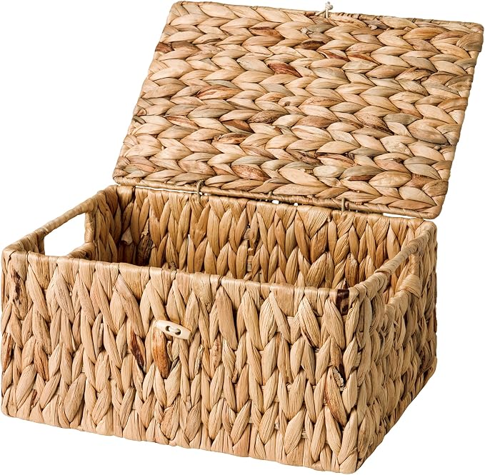 StorageWorks Wicker Basket with Lid, Storage Baskets with Lids, Hyacinth | Woven Baskets with Lids for Shelves, Wicker Storage Baskets with Lids, Lidded Baskets for Organizing, Meidum, 1 Pack