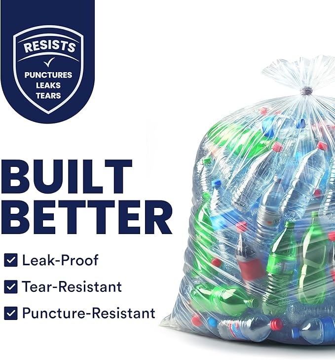 Plasticplace Heavy Duty 55-60 Gallon Trash Bags – Clear Garbage Can Liners (38” x 58”) – Durable Multiuse, Puncture-Resistant, 50 Count – Ideal for Kitchens, Warehouses and Recycling Trashbags 1.5 Mil