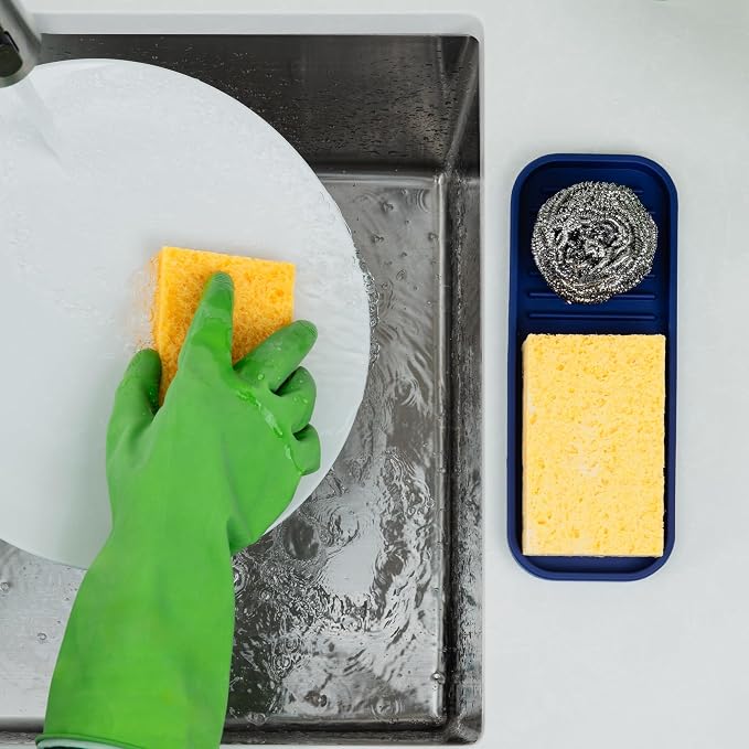 Zulay Kitchen (9x3.5) Silicone Sponge Holder for Kitchen Sink - Flexible Multipurpose Soap Tray - Sink Organizer for Kitchen, Bathroom, Makeup, Trinkets & More (Dark Blue)