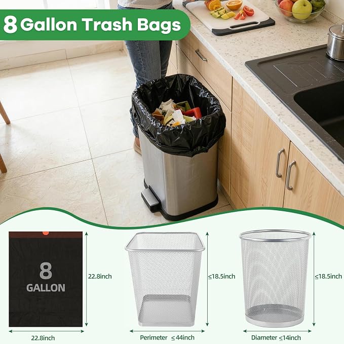 8 Gallon Trash Bag Black Drawstring, 80 Count Heavy Duty Pre-separated Garbage Bags, Thick Trash Bin Liners for Bathroom, Kitchen, Bedroom, Office